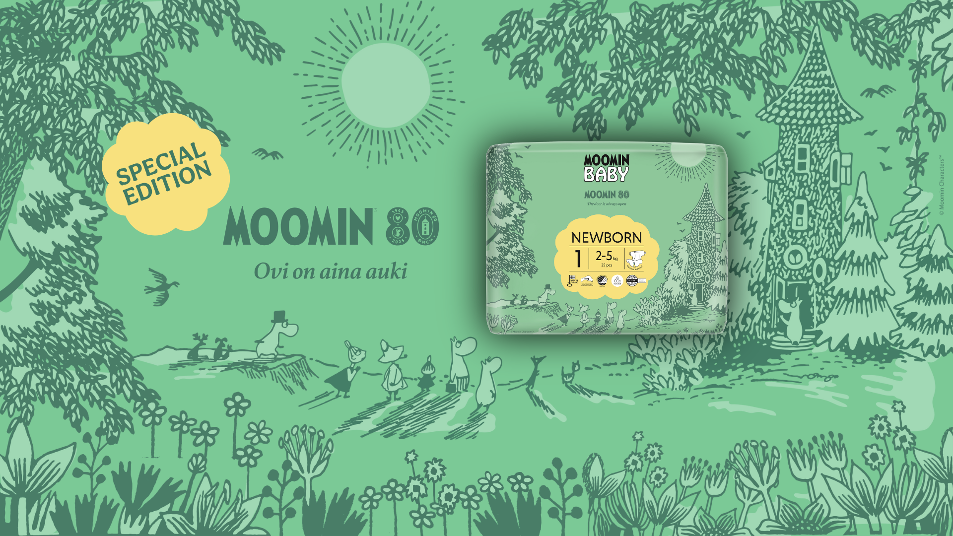 Moomin 80 -juhlavuoden vaippapaketti viehättävällä Muumitalo-kuvalla, asetettuna eloisalle vihreälle taustalle.