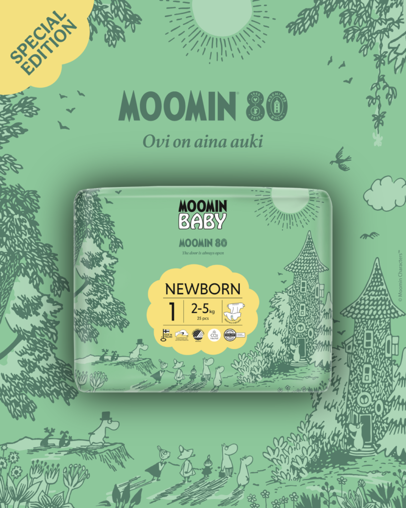 Moomin 80 -juhlavuoden vaippapaketti viehättävällä Muumitalo-kuvalla, asetettuna eloisalle vihreälle taustalle.